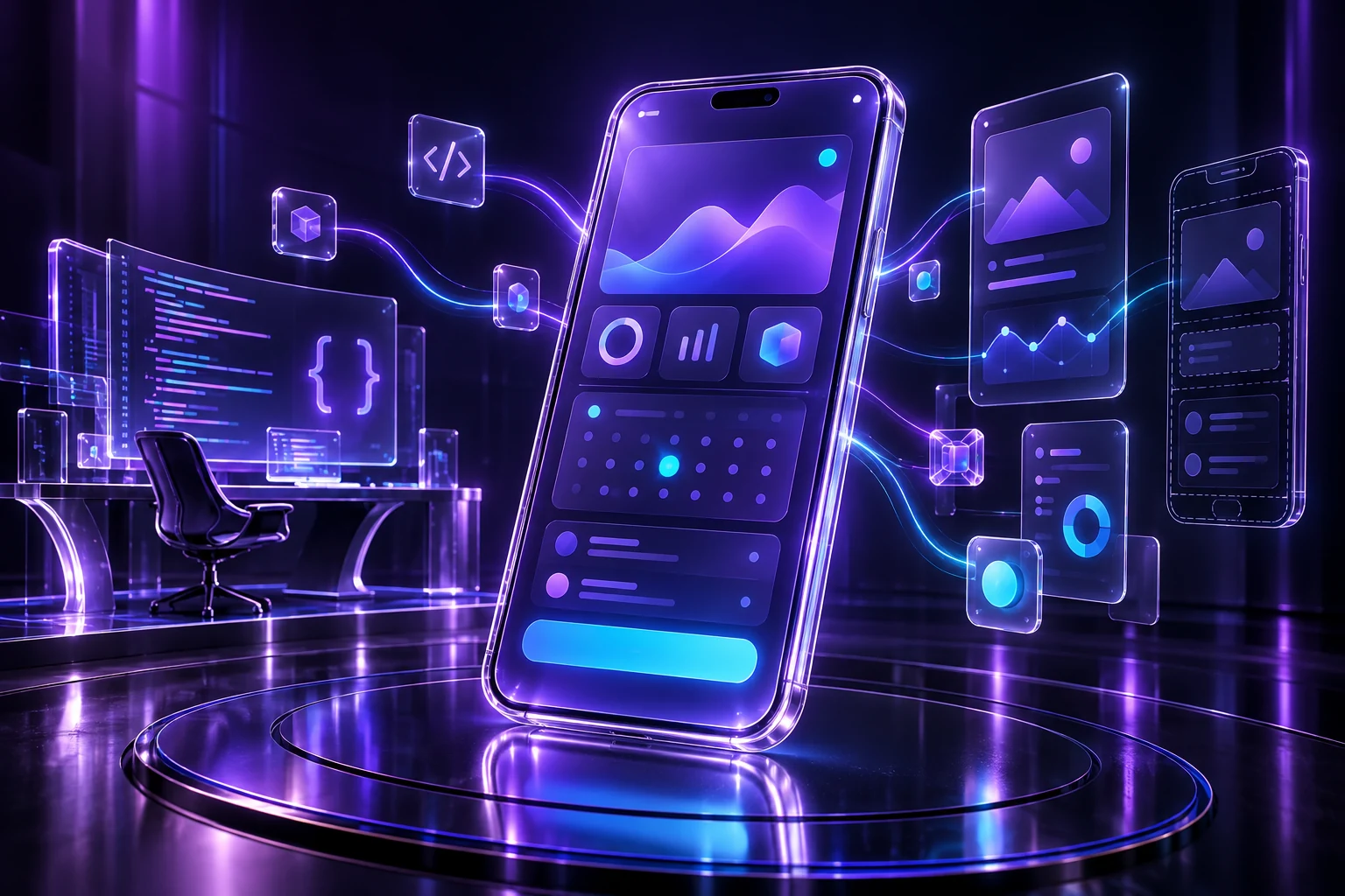 A luminous glass smartphone surrounded by floating app screens and interface components in a futuristic development studio